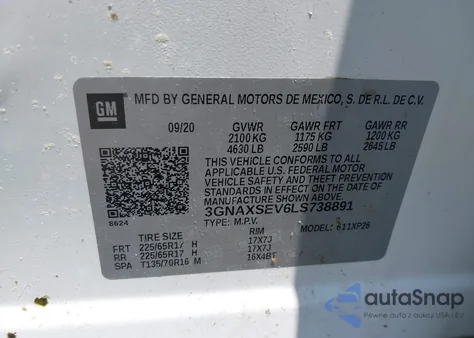 2020 Chevrolet Equinox Awd Ls из США, поврежденный, VIN 3GNAXSEV6LS738891